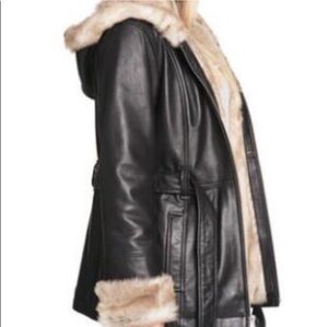 Wilson’s Leather Belted Hooded Fur Lined coat size Medium brown